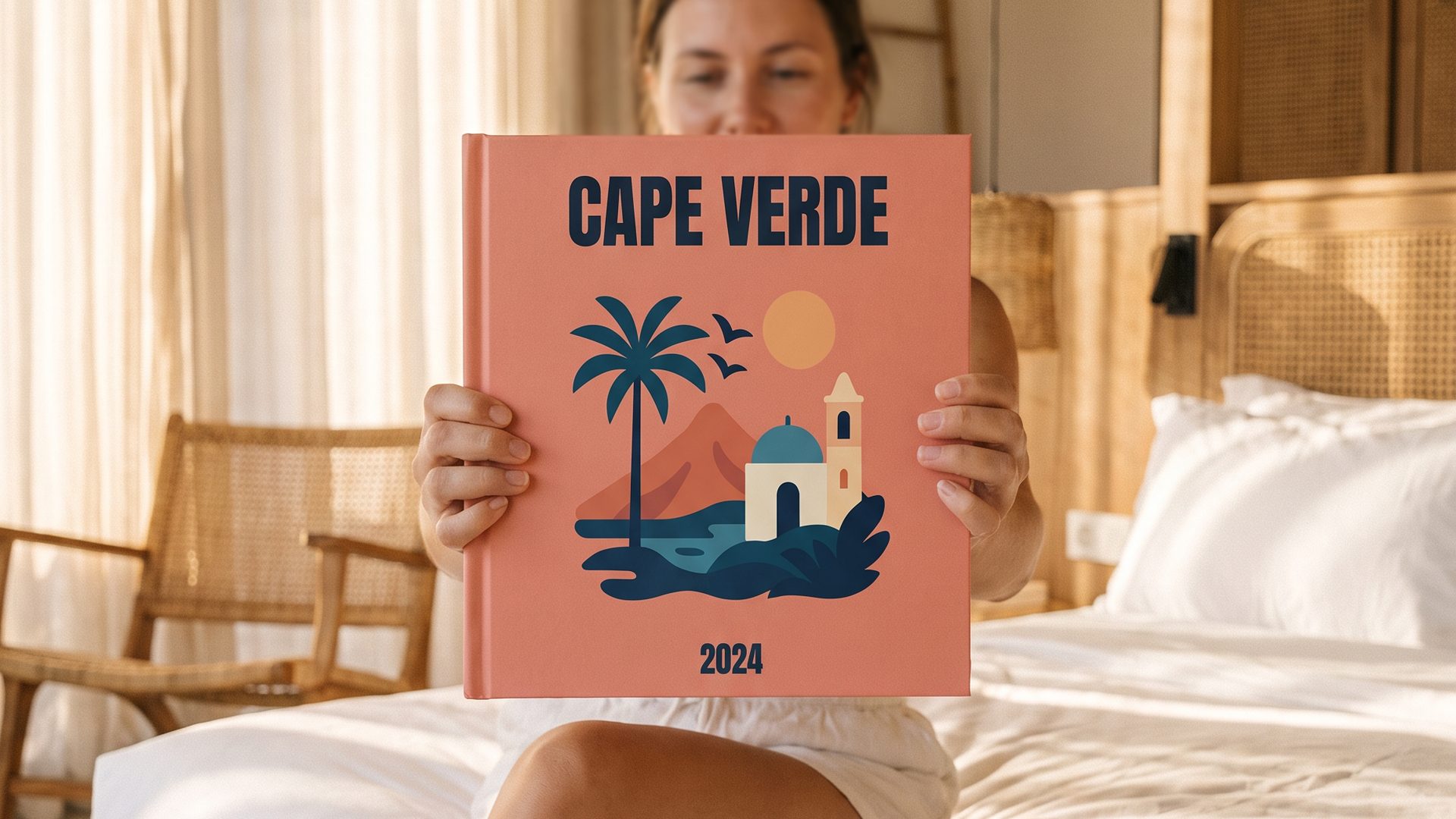 A creator on a hotel bed holding her printed Cape Verde travel book up to the camera