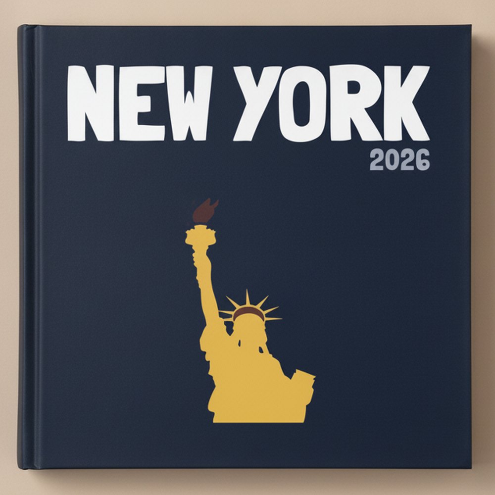 Een gedrukt PYM-reisfotoboek met een gele New York-cover
