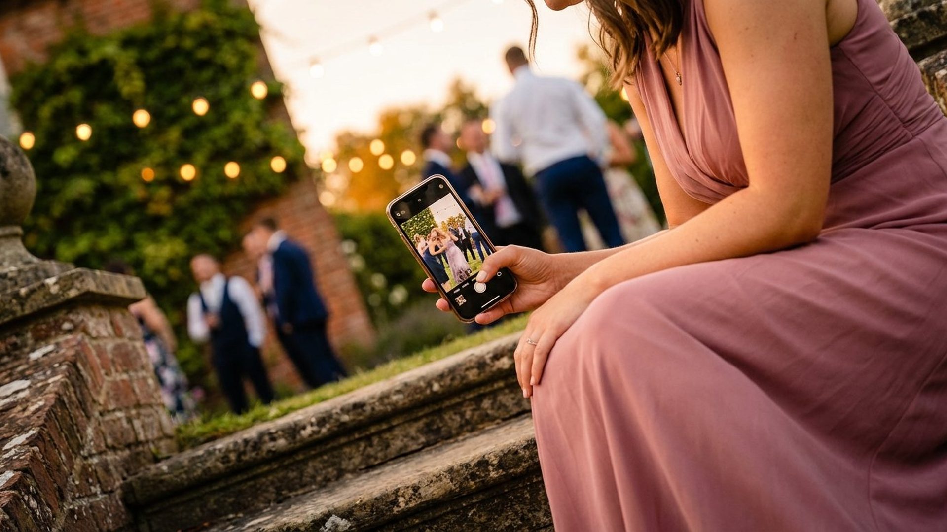 A wedding guest on the steps taking a photo of the couple with her phone