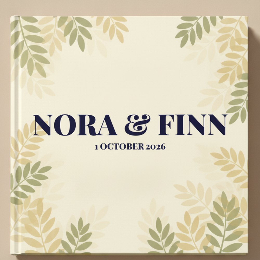 Een gedrukt PYM-trouwboek voor Nora en Finn