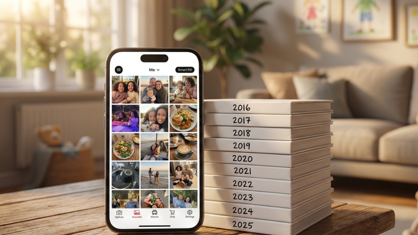 Phone showing the PYM daily photo journal app next to a stack of printed yearbooks from 2016 to 2025 on a living room table.