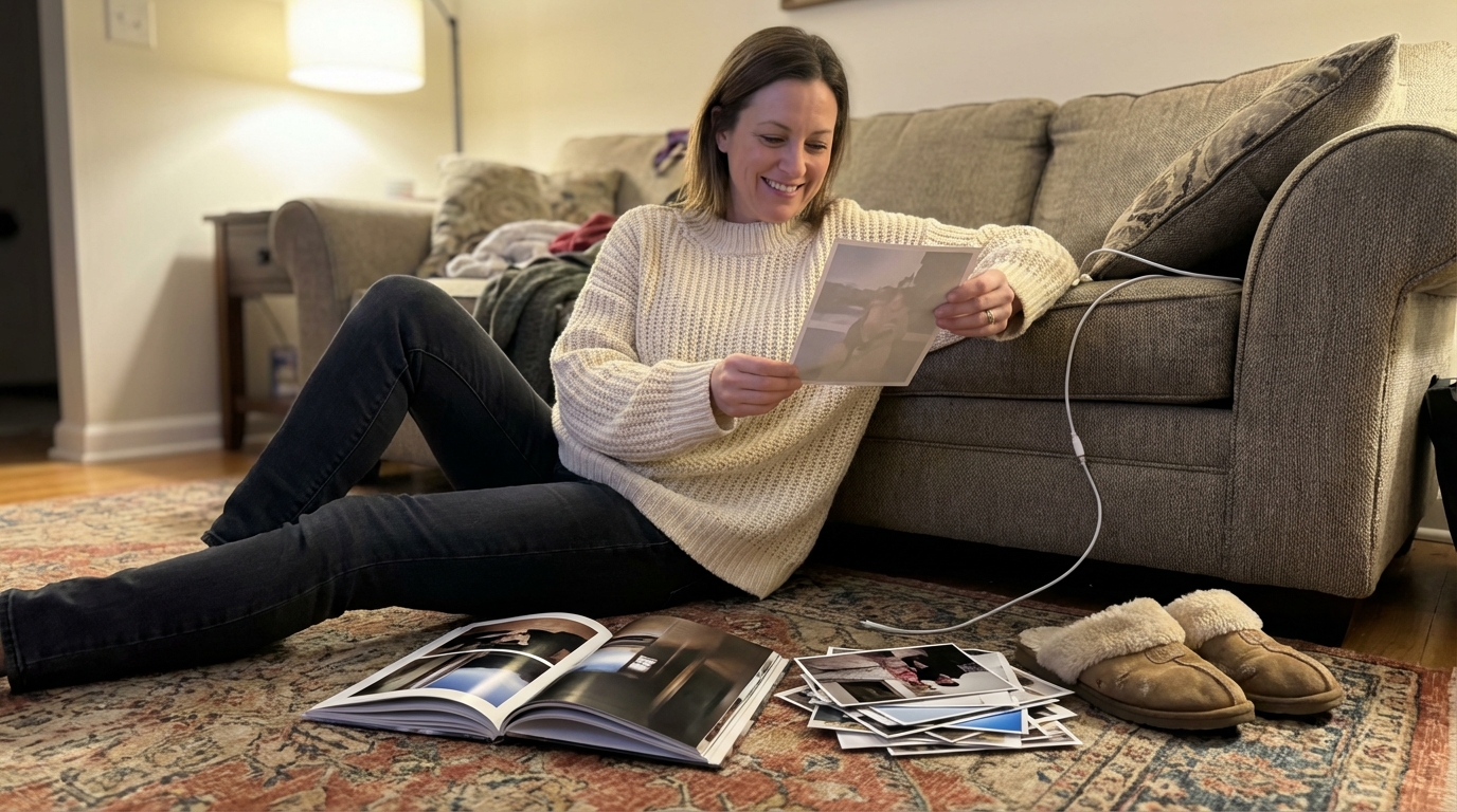 Woman holding an open hardcover photobook showing a year of everyday photos, warm natural light, authentic lifestyle photography