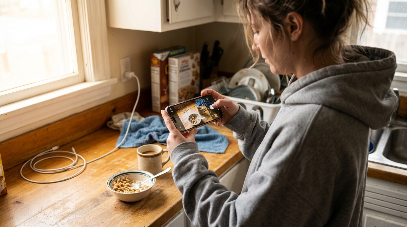 Woman taking a photo a day challenge photo of a coffee mug on a wooden table in soft morning light