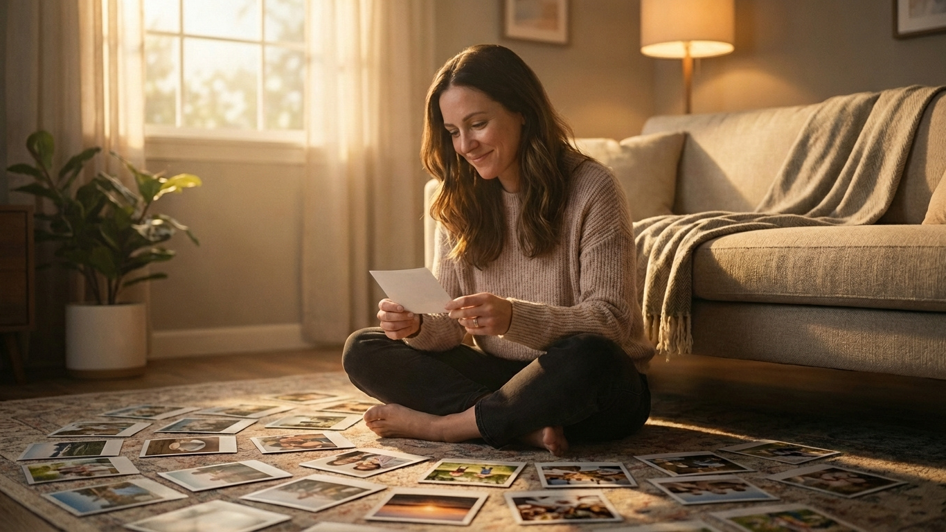 Woman surrounded by retro polaroid photos, reflecting on her photo gratitude journal and everyday moments