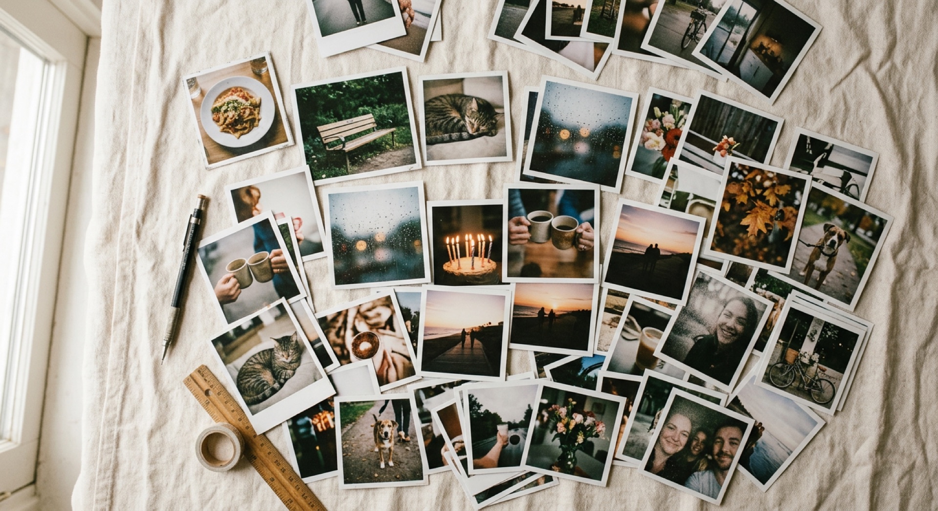 Scattered polaroid photos of everyday moments from a daily photo journal — coffee, pets, sunsets, birthday cake, and family walks
