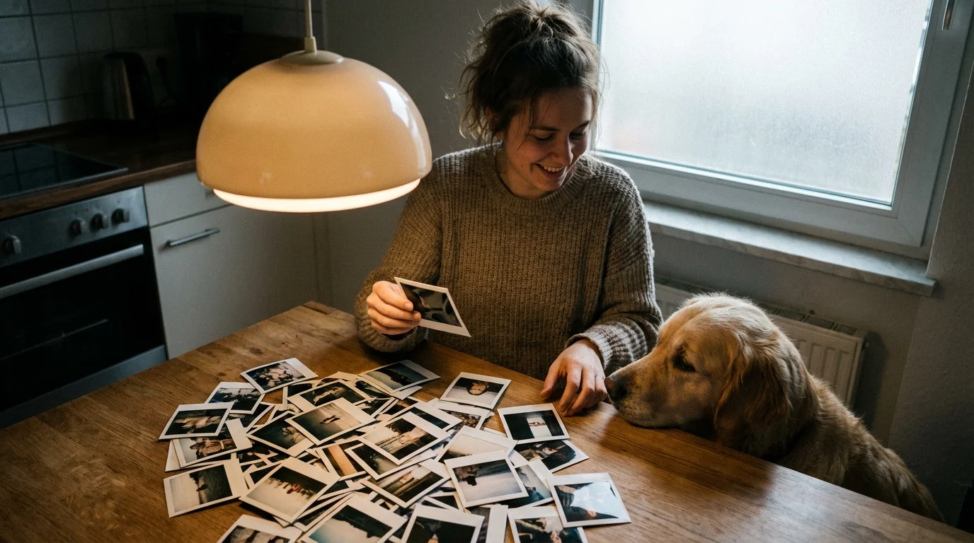 photo journal — young woman sorting polaroids at kitchen table with dog companion