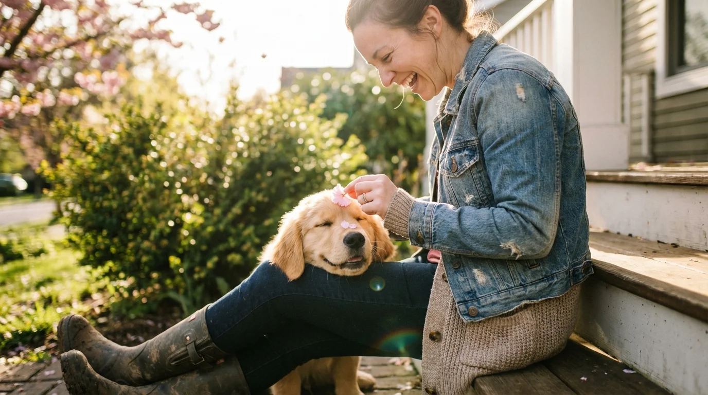 gratitude journal — the woman is mid-laugh, reaching down to brush